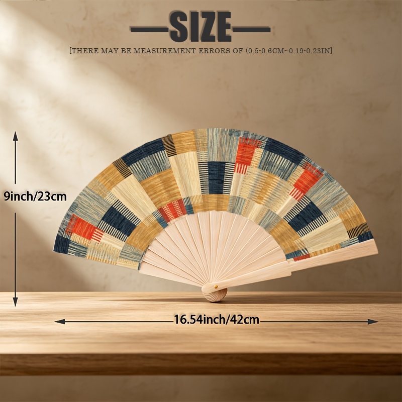TEMU [23cm Wooden Folding Fan] A Lightweight Wooden Folding Fan Featuring A Printed Geometric Color-block Fan-shaped Pattern. A Must-have For Summer