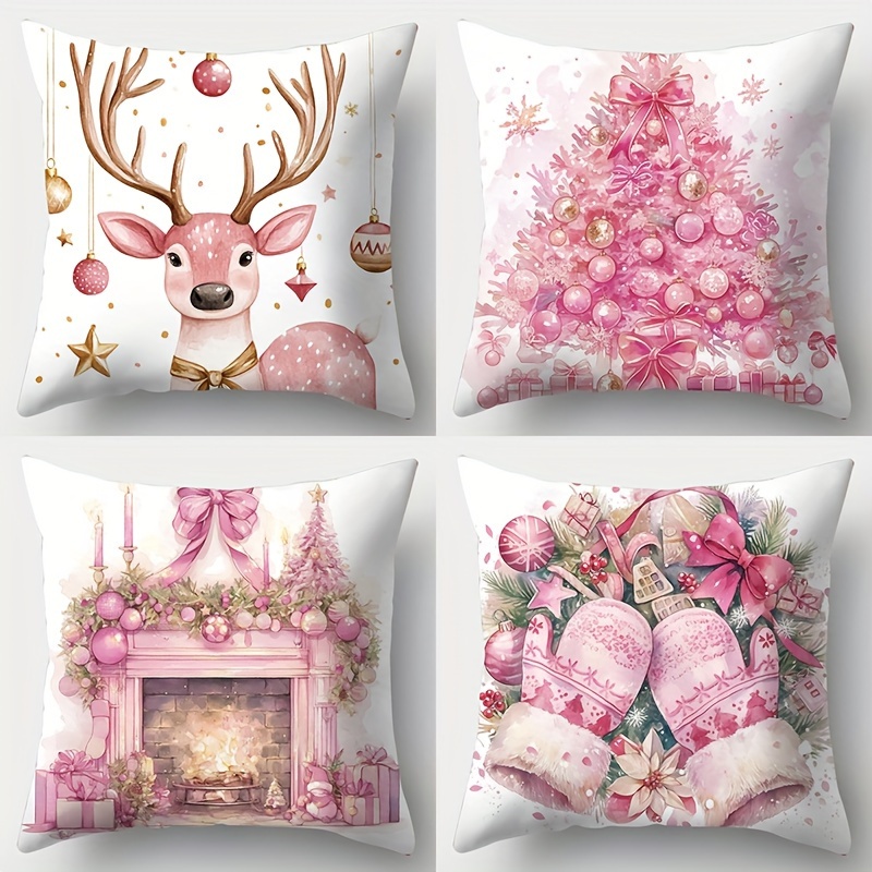 TEMU 4pcs New Christmas Pink Themed Pillow, Christmas Reindeer, Christmas Tree, Fireplace And Other , 17.72 X 17.72in, Suitable For Living Room Sofa, Bed, Bedroom Home Decoration, Pillow-free