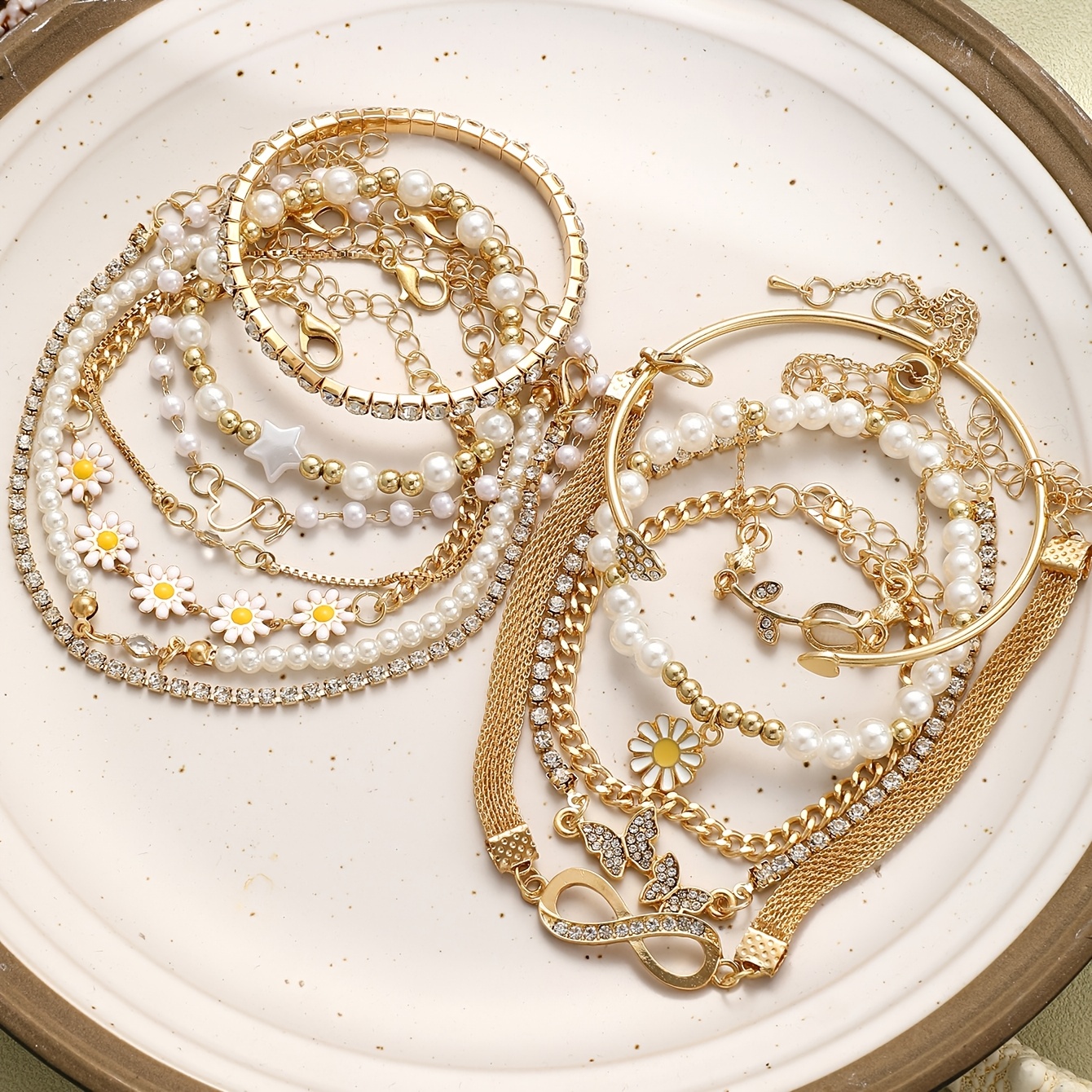 13pcs Multi-Layer Stackable Floral and Rhinestone Bracelet Set