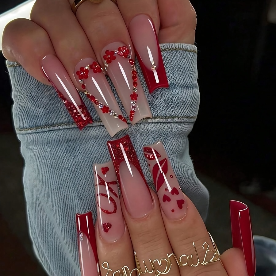 TEMU 24 Acrylic Press-on Nails French Tips With Red Tips Rectangular Glitter Lip & Heart Shapes Fashionable Y2k Style Glossy Full-coverage Fake Nails