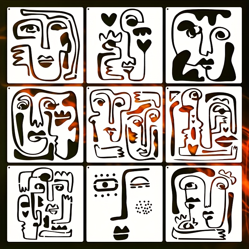 9pcs Picasso-Inspired Abstract Face Stencil Set, Reusable Art Templates