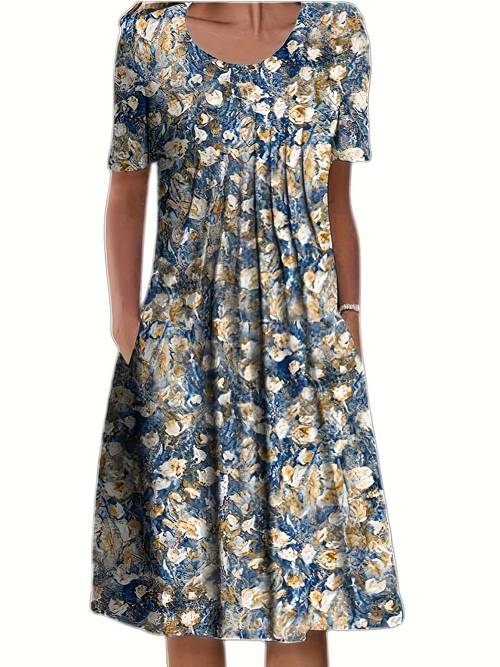womens 2024 summer casual short sleeve crewneck midi dress navy blue golden floral print loose with pockets 100 polyester machine washable