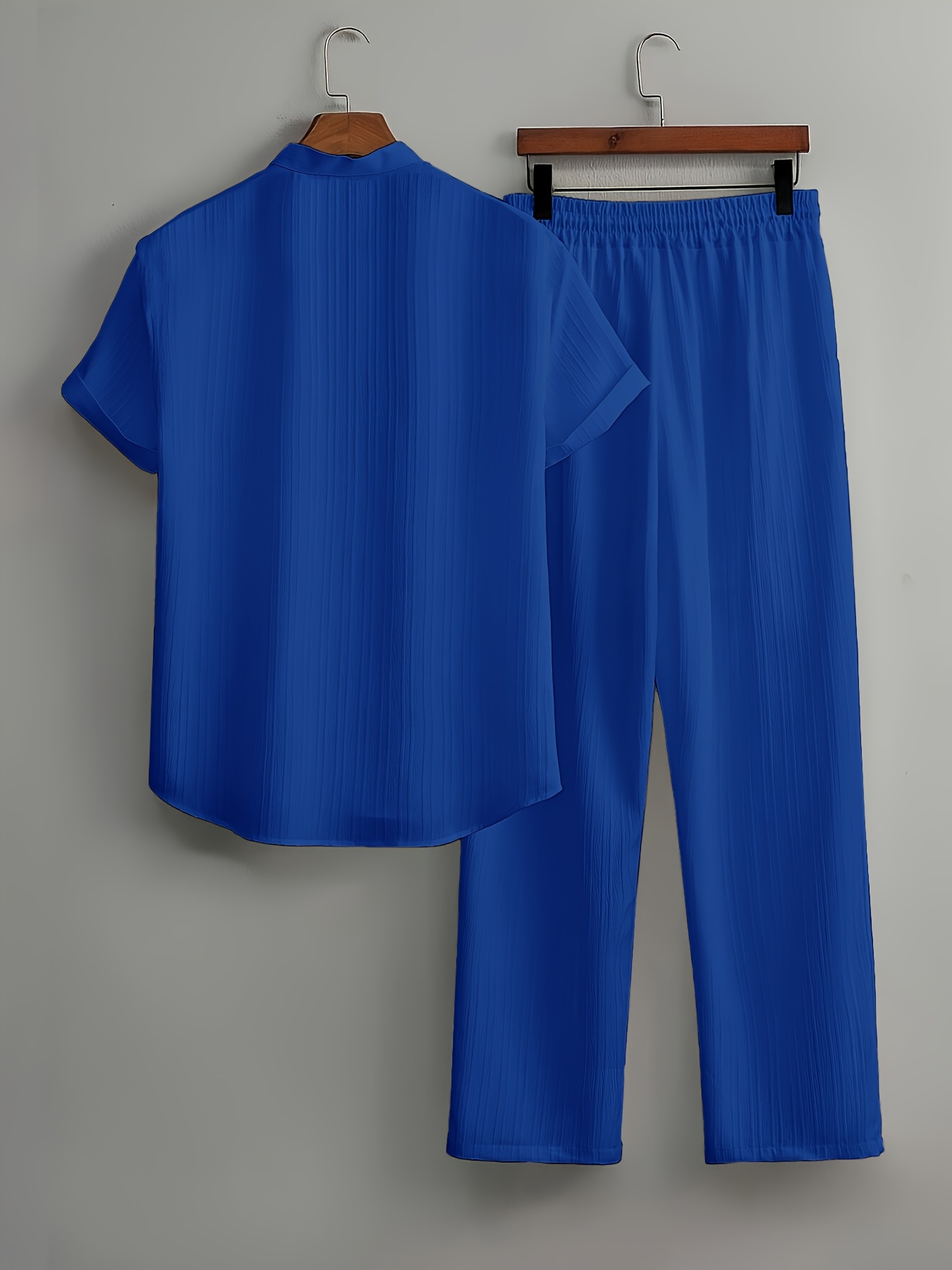 Men's Summer, Fashionable Wave Pattern Simple Casual Short Sleeve Shirt and Plain Trousers Set