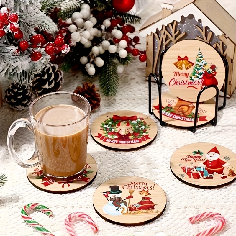 Image of 6pcs Wooden Coaster Set - Santa Claus, Snowman, Gingerbread Man, Christmas Tree Designs - Retro Table Protection Coasters - Winter Kitchen Essentials