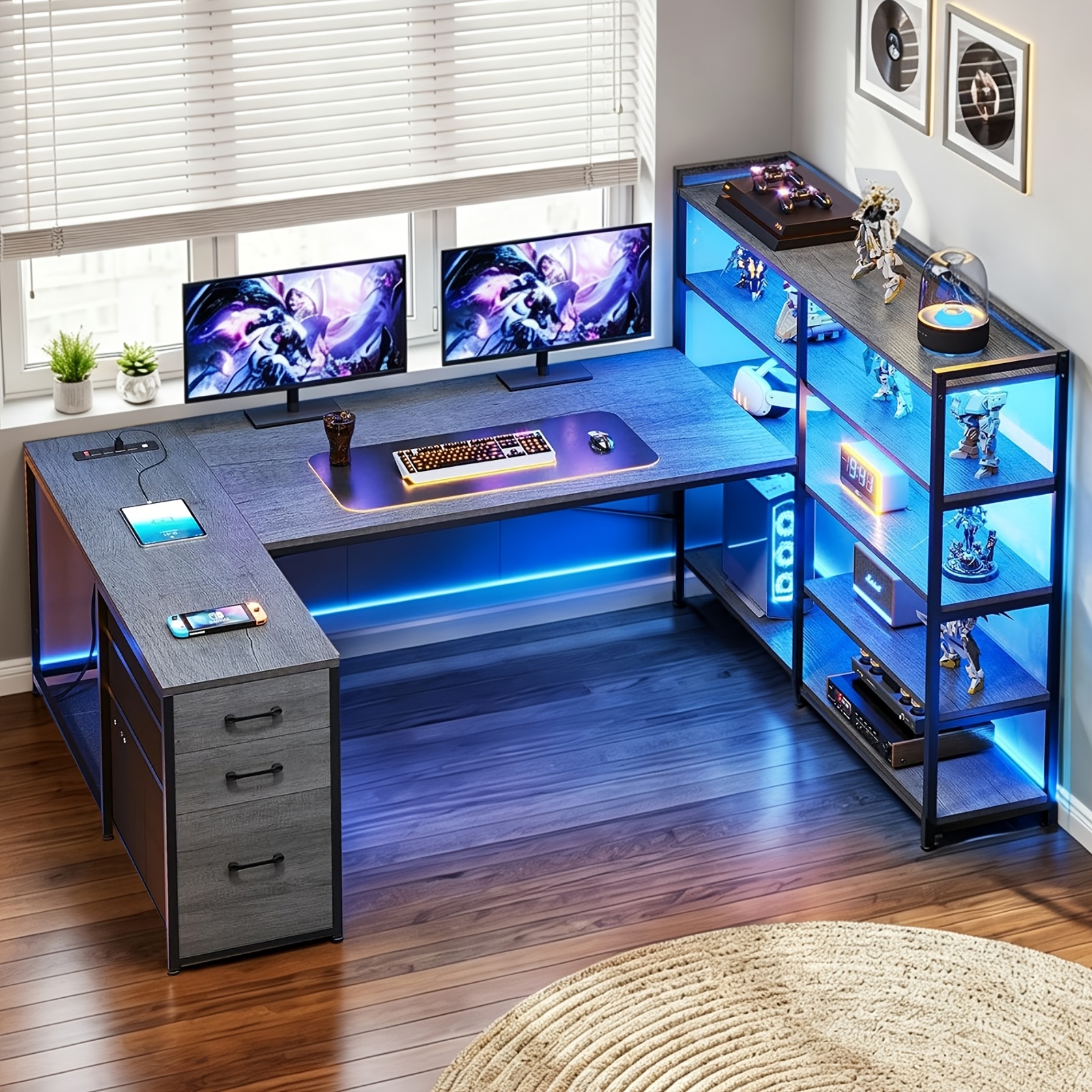 L-shaped Desk With Storage Shelves, 64.5" Reversible U-shaped Office Desk With 3 Fabric Drawers, Gaming Desk With Power Outlet & Led Strip, Large Pc Workstation For Home Office, Brown//gray