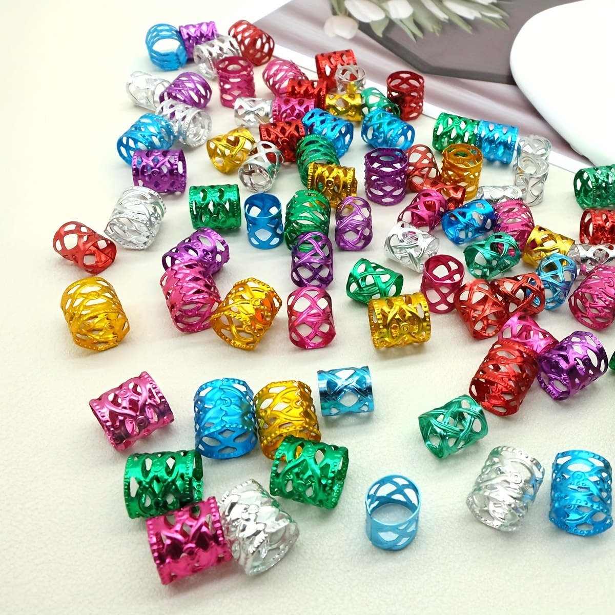 

100pcs Vibrant Hair Rings - Adjustable Aluminum Cuffs For Braids & Dreadlocks, Elegant Alloy Beads For Women And Girls