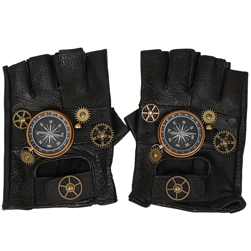 Steampunk Gloves Rock Band Metal Compass Pu Riding Fingerless Gloves Punk Rivet Gear Halloween Cosplay Costume