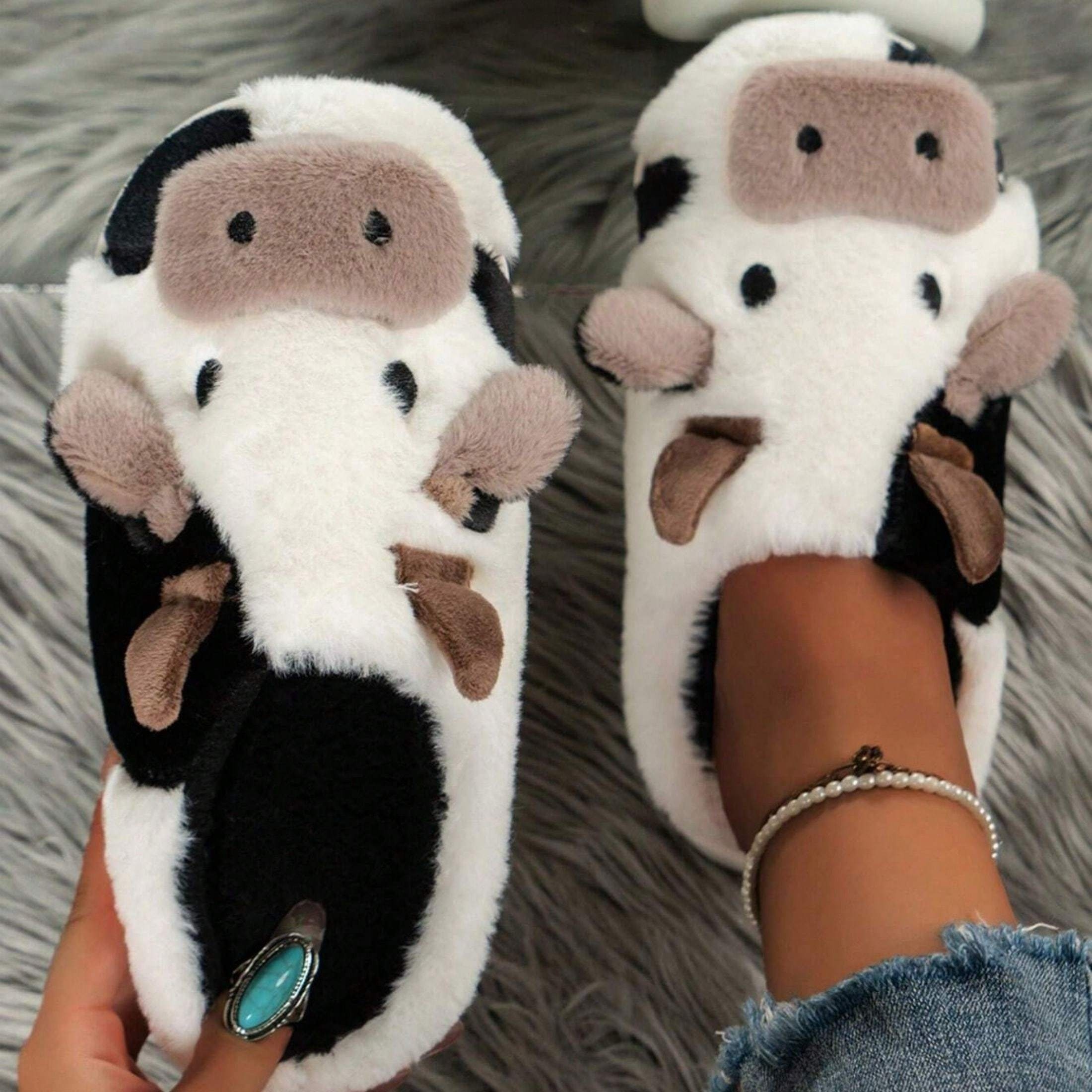 

Cow Slippers For Women Plush Animal Slippers Winter Warm Soft Slippers Soft Thick Sole Fur Shoes Home Sliders For Indoor Outdoor