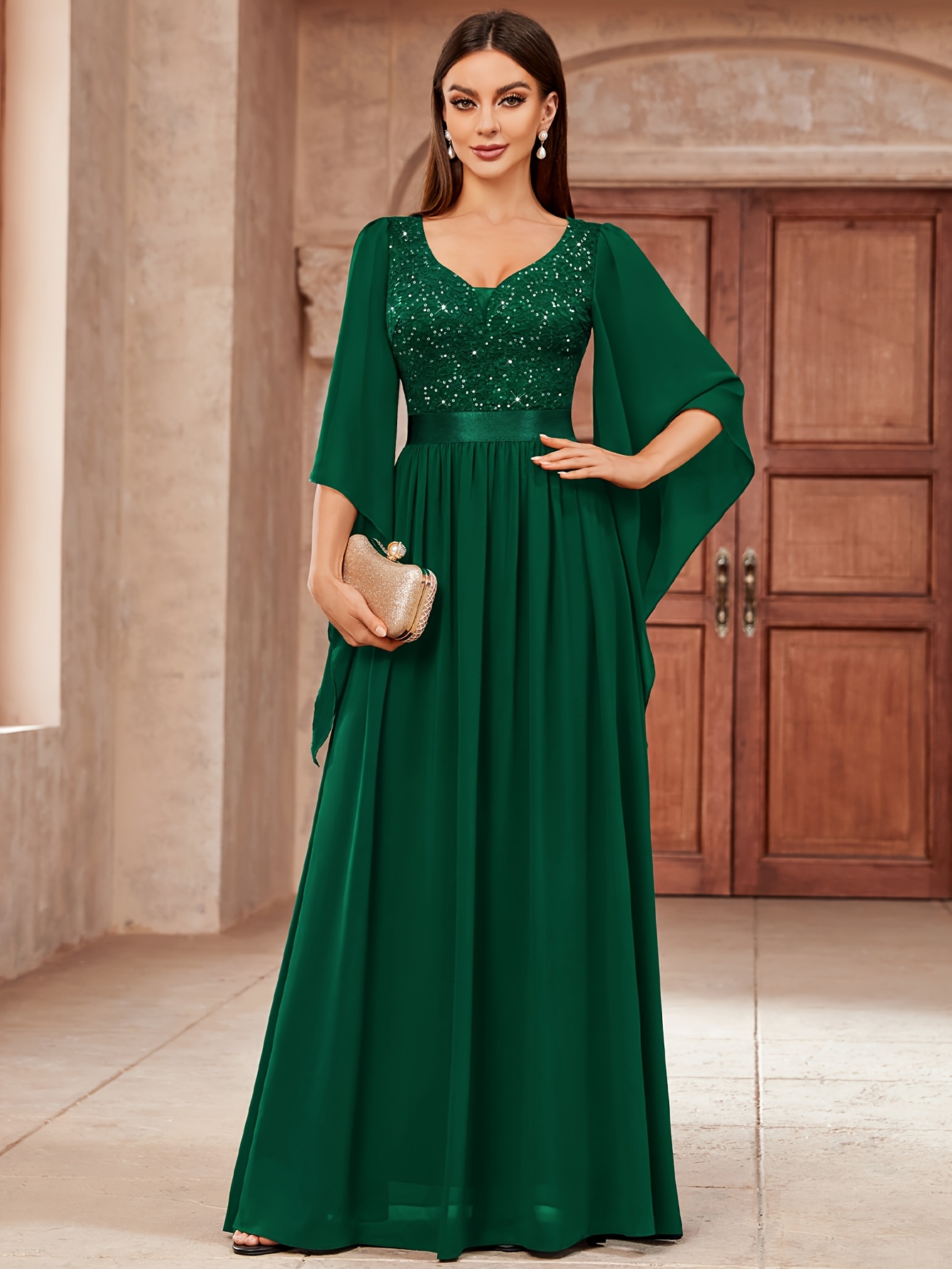 Women'S Elegant Deep-V Neck Lace Contrast Sequin 3/4 Flare Sleeve Formal  Party Long Dress