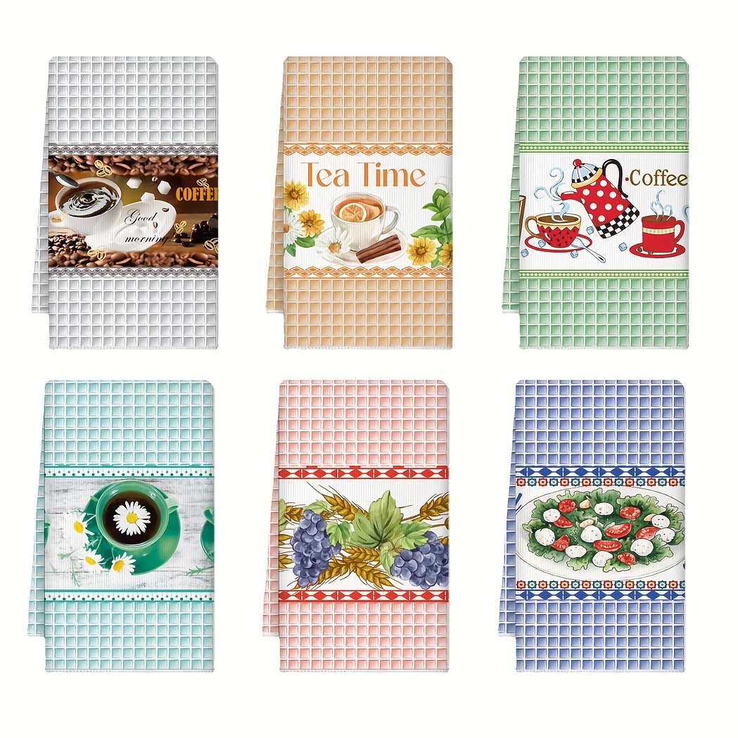 TEMU Waffle 6pcs Set 40cm X 60cm Fruit Pattern Print Coffee Pattern Print Scouring Pads Quick-dry Fiber Dishcloths - Super Absorbent Reusable Cleaning Towels