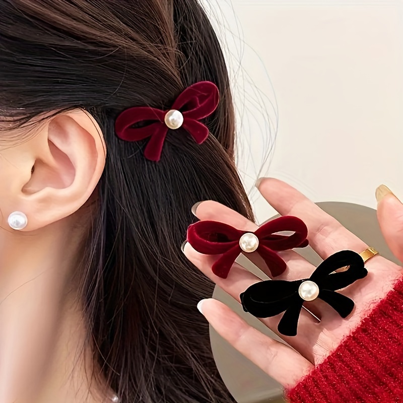 

4pcs Elegant Velvet Bow Hair Clips With Pearls - Cute & Chic Mini Hair Accessories For Women, Diy Hairstyles, Christmas & Valentine's Gifts, Best For Christmas