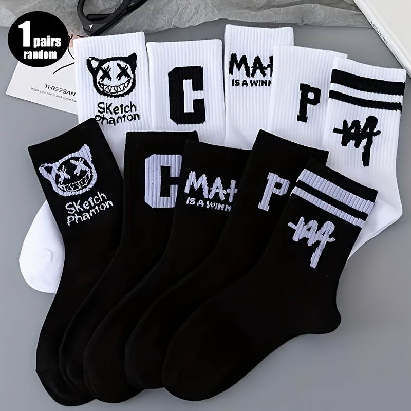 TEMU Willekeurig 1 Paar/5 Paar Sokken Heren Mid-Calf Sokken, Zwart-Wit Cartoon Letter Strepen Trendy Mode High Aesthetic Heren Sokken, Lente Herfst