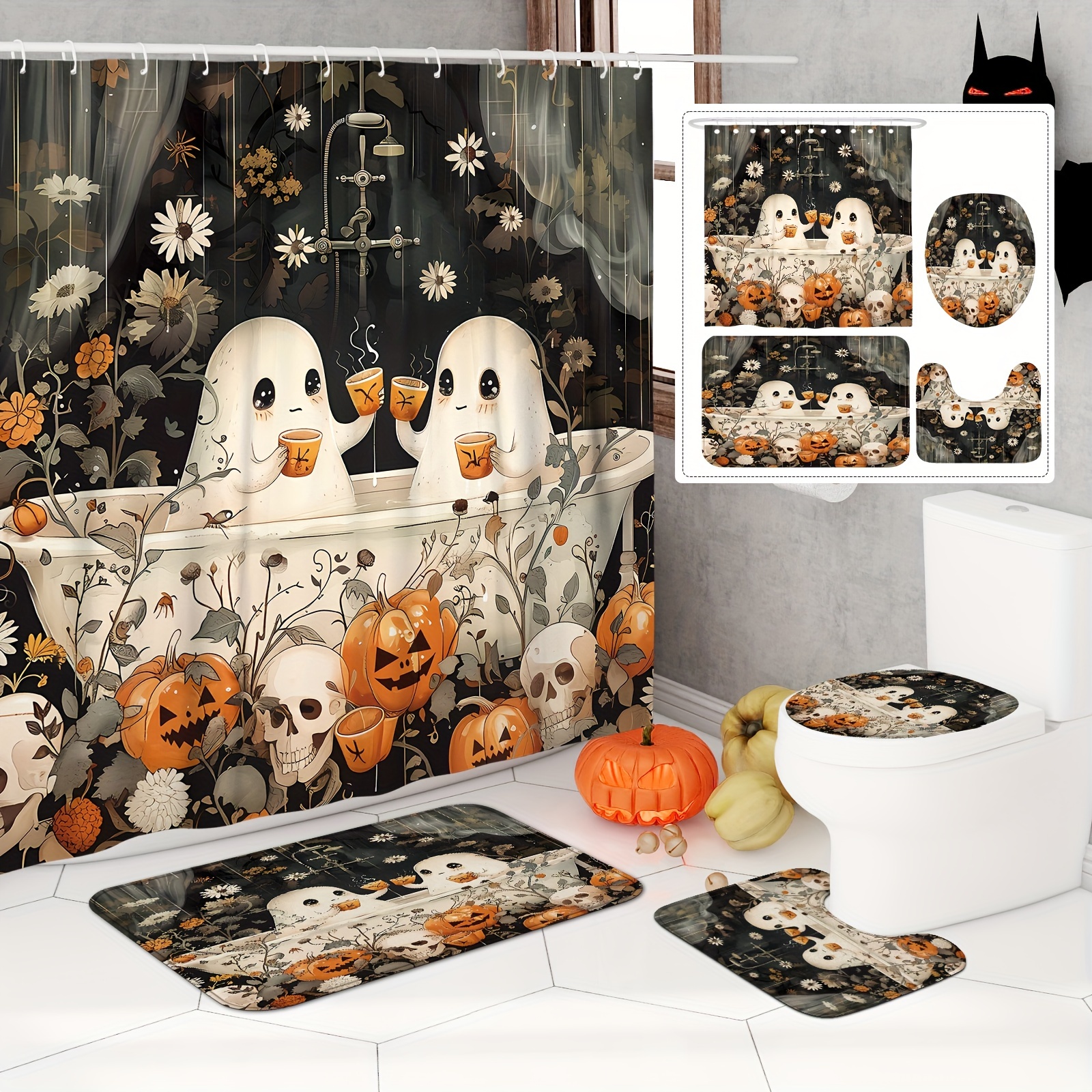 halloween ghost pumpkin skull shower curtain set non slip - Temu