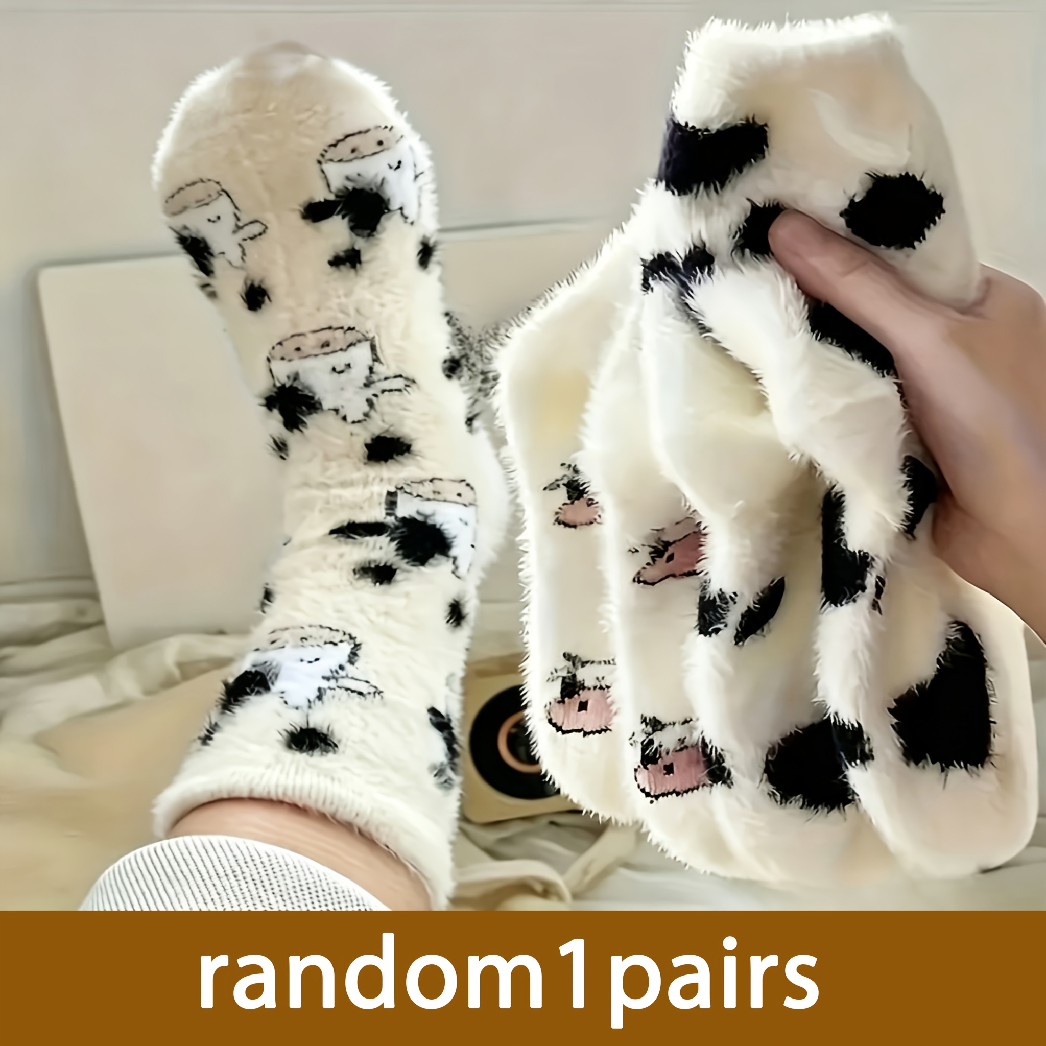 TEMU 1 Paire de Chaussettes Chaudes Vache et Dinosaure -Perte de Poils, Douces, Moelleuses, Durables, Résistantes à la Décoloration, Chaussures