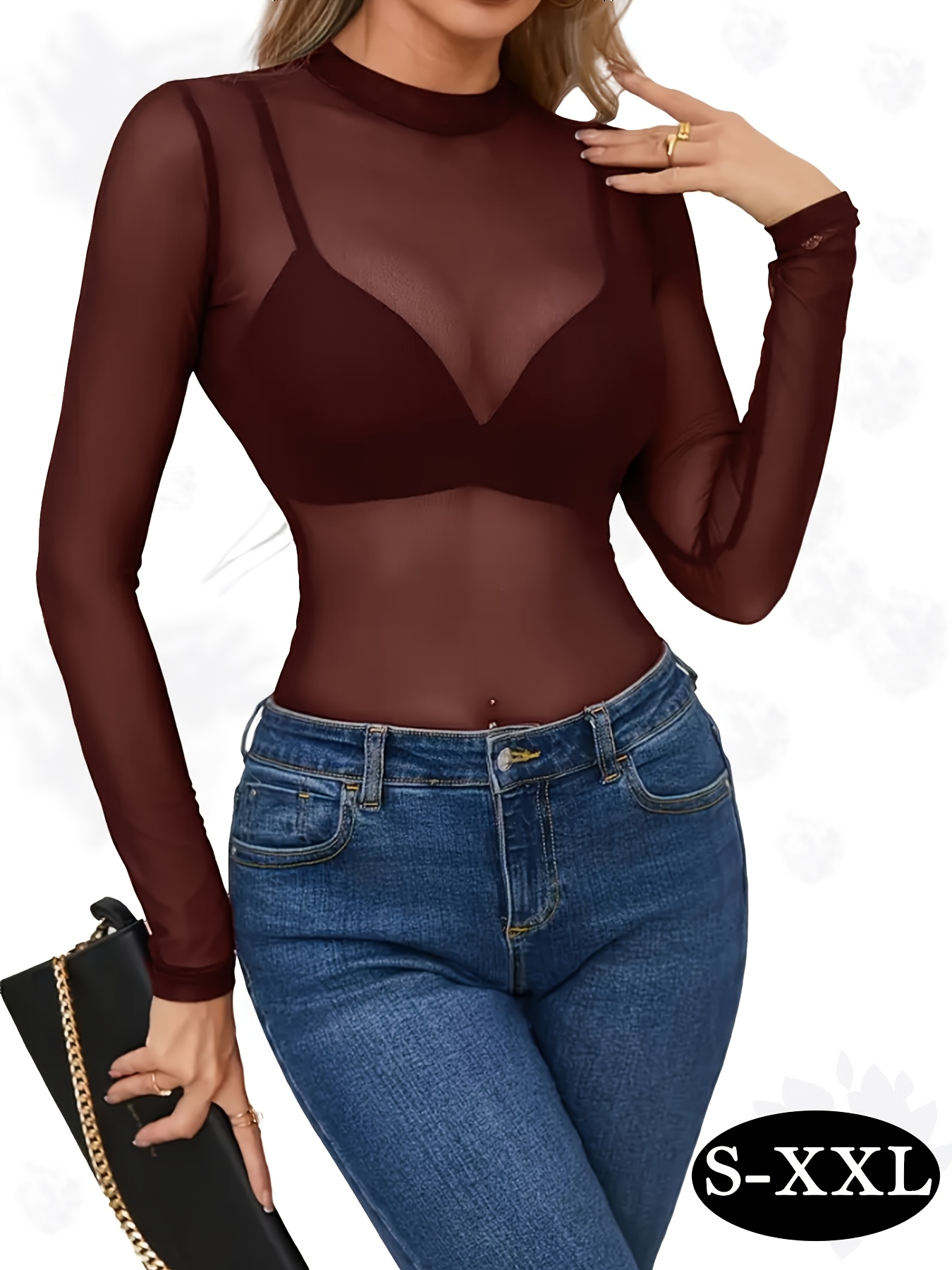long sleeve mesh lace high neck sheer top womens sheer - Temu Germany