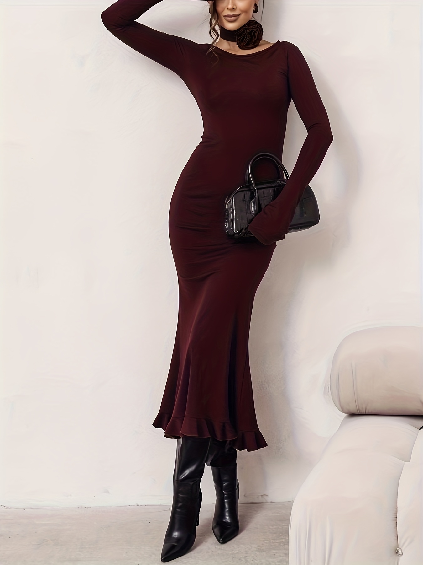 a new elegant burgundy dress bell sleeves a wavy hem - Temu Oman