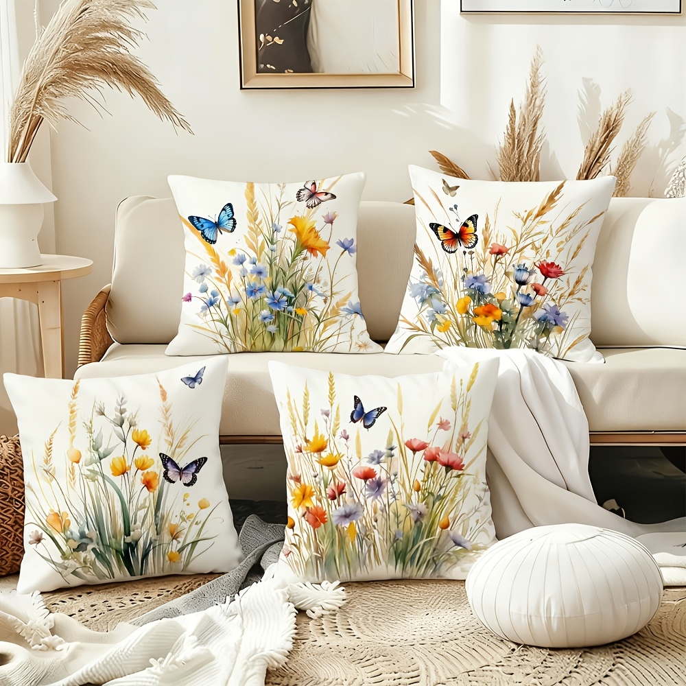 TEMU 4 Fundas de Almohada con Acuarela de (Margaritas, Centáureas, Amapolas, etc.) como Tema Principal Visual. Ideales para Espacios como Salas,
