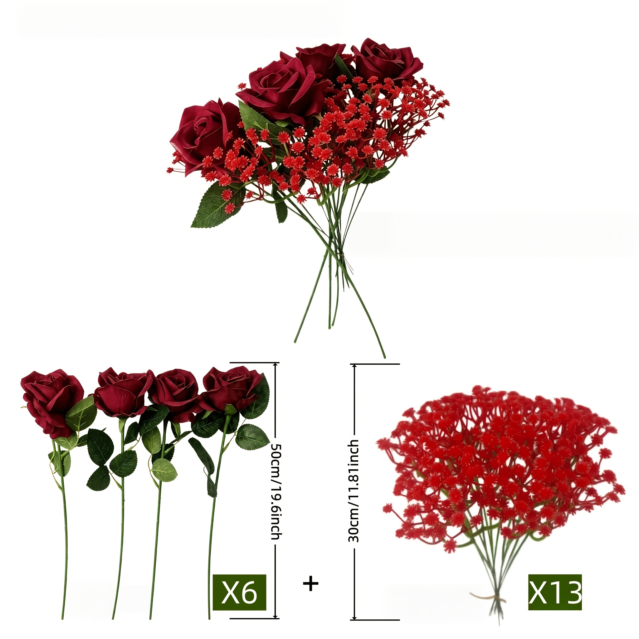 TEMU 19pcs - High-simulation Rose And 's Breath. Includes 6pcs Burgundy Roses And 13pcs Red 's Breath. Mixed Colors Long Stems Artificial Flowers,