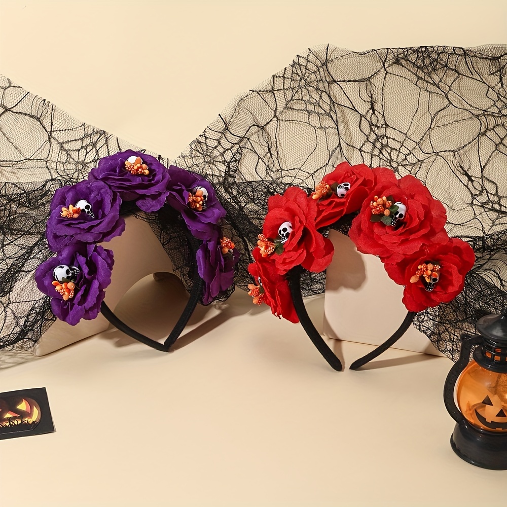 

1pc - Red/ Element - Headgear - Halloween Flower Skull Headband - Cosplay Hair Band With Spider Web Headdress Party Hair Accessories