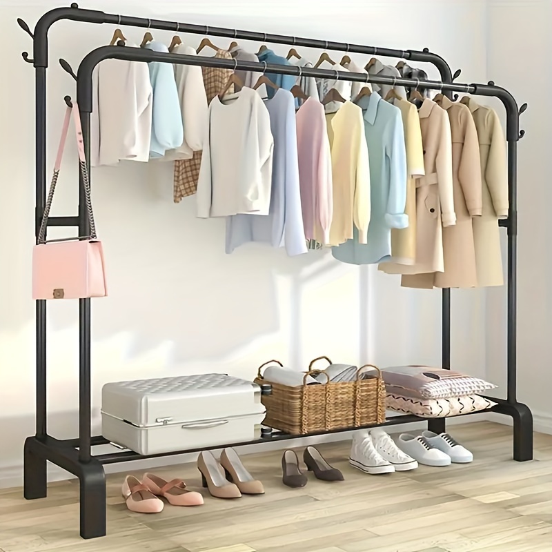 

Clothing Garment Rack, Double Rails Closet Clothes Rack E And Hooks, For Hanging Clothes Of Multifunctional Double-pole Clothes Hanger With Shoe And Hat Rack