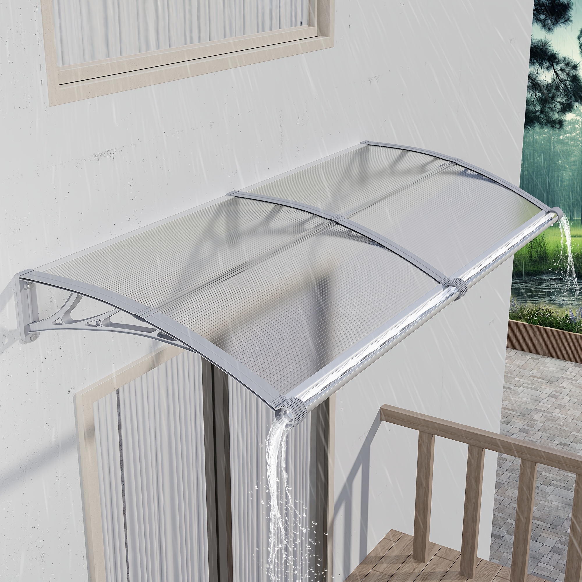 350cm X 100cm Window Awning Door Canopy With Large Drainage Gutter Polycarbonate Hollow Sheet Awning Patio Door Uv Rain Snow Toldo Para Patio Awnings, Brown Or Clear Panel