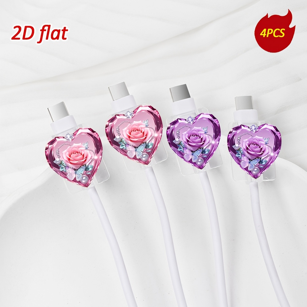 Image of 4pcs Set Of Pink And Purple Heart-shaped Rose Cable Protectors, Designed To Prevent Breakage And Scratches, Compatible With Type-c/for Iphone Cables. Stylish, Durable, And Visually Appealing