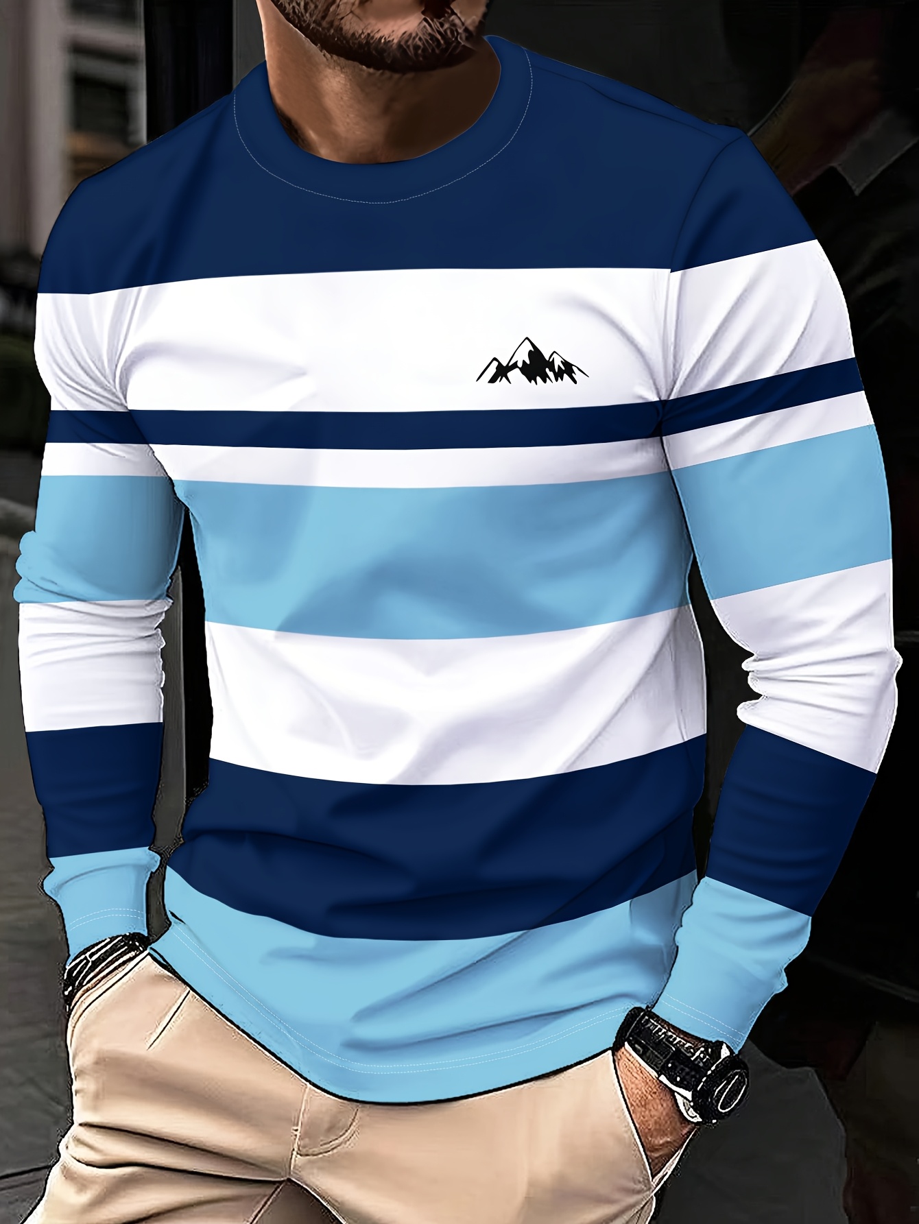 mens breathable long sleeve t shirt casual round neck striped suitable for     wear relaxed fit shirts with winding tape machine washable opaque   gift