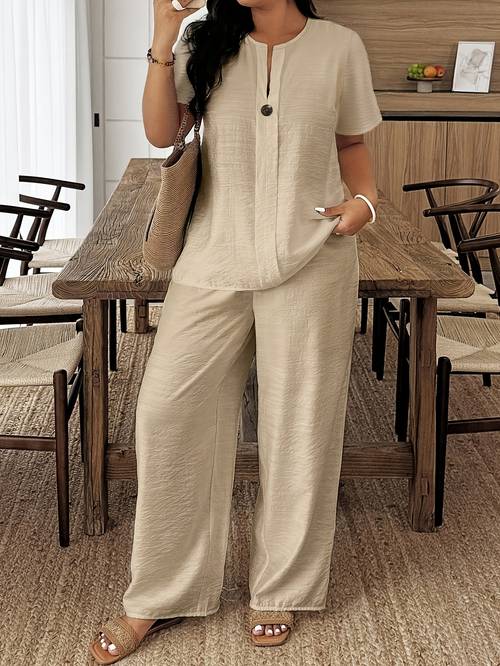 plus size plus size spring summer new plus size womens casual short sleeve shirt and loose pants 2pcs set suitable for vacation and daily machine washable ly095