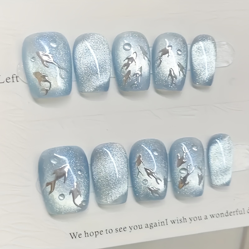 TEMU 10pcs Of Short Square Sapphire Shiny Silvery Fish Luxury Shining Summer Manicure Suitable For Women Of Different Ages Wearable False Nail