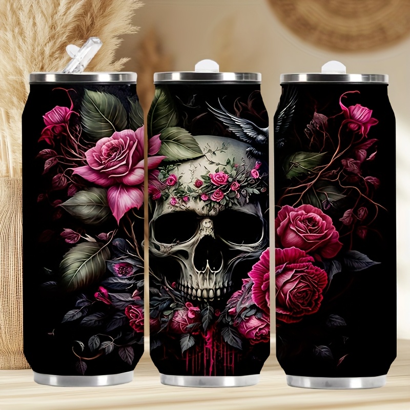 Image of 1pc 500ml Vacuum Insulated Stainless Steel Cup With Lid And Straw - Gothic Rose And Design, Drinks Hot Or Cold For Hours, Perfect Gift For Outdoor Travel, Sports, And Sports Water Bottle