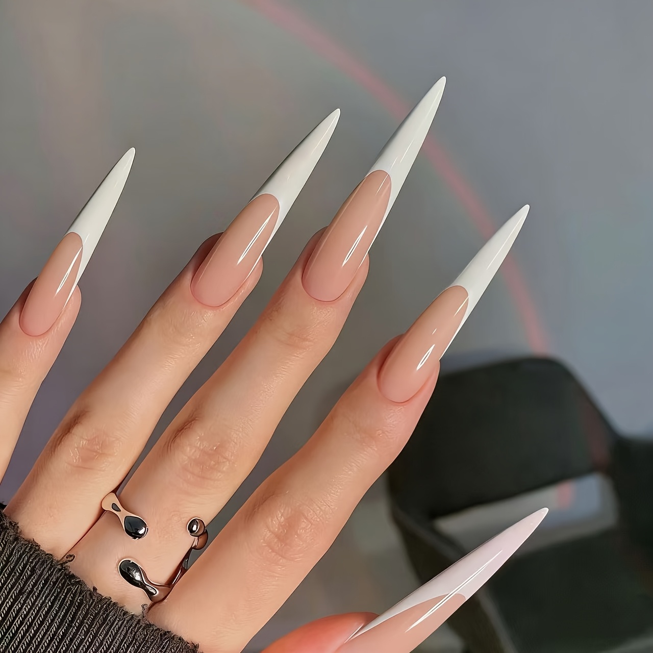 TEMU 24 Pezzi Punte per Unghie Base Nude con Design , Unghie Lunghe a Stiletto a Forma di Mandorla, Ideali per e Feste per Donne