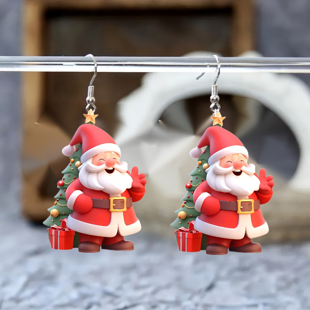 

Acrylic Santa & Christmas Tree Dangle Earrings - Gift For Teens, Party Accessory, Cute 2d Design, No-power Needed