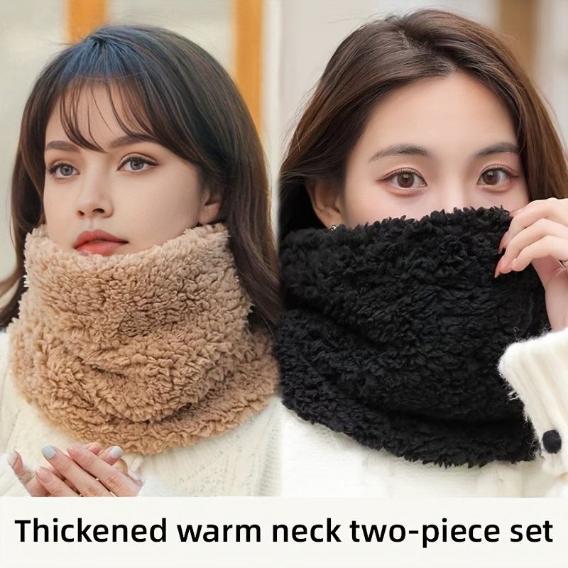 

2pcs Cozy Thickened Fleece-lined Infinity Scarves For Women - Warm, , Stretchy Polyester Neck Gaiters In Solid Colors For Autumn & Winter Outdoor Activities