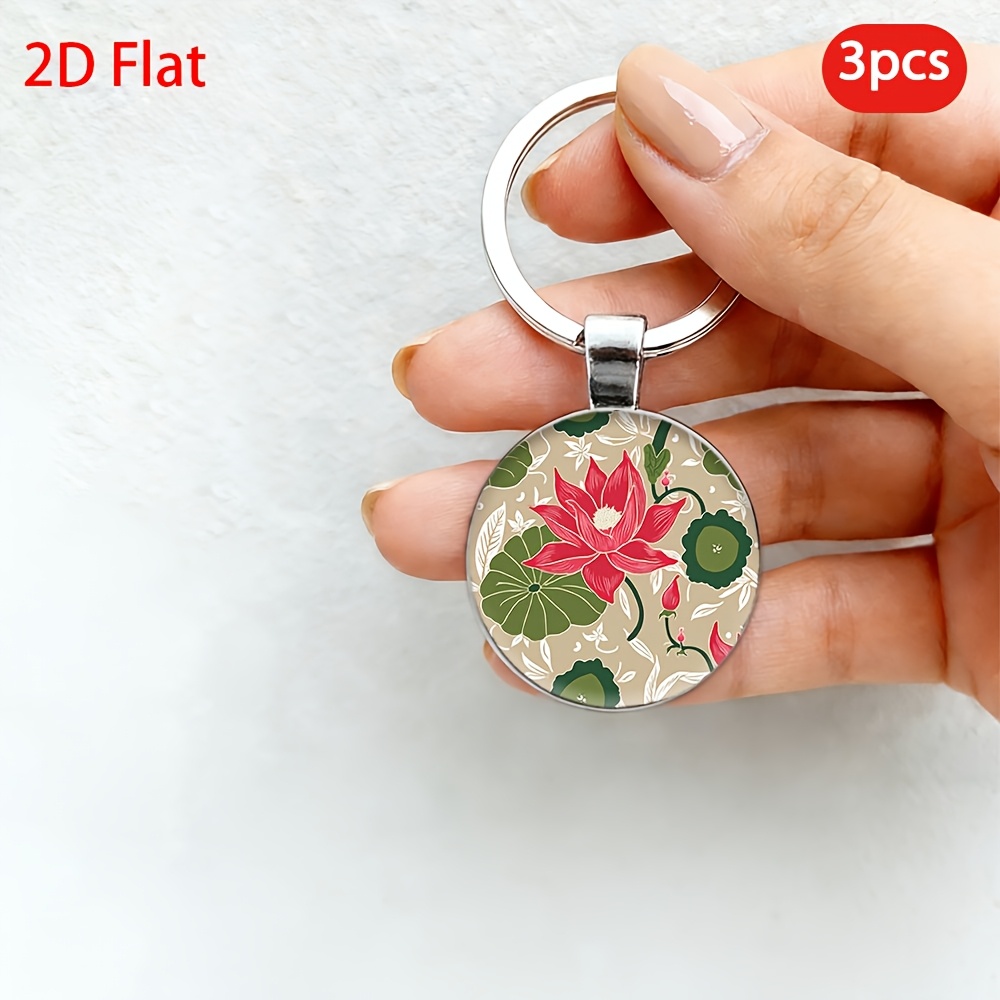 Couple Gift Keychain Set with Lotus Pattern, 3pcs