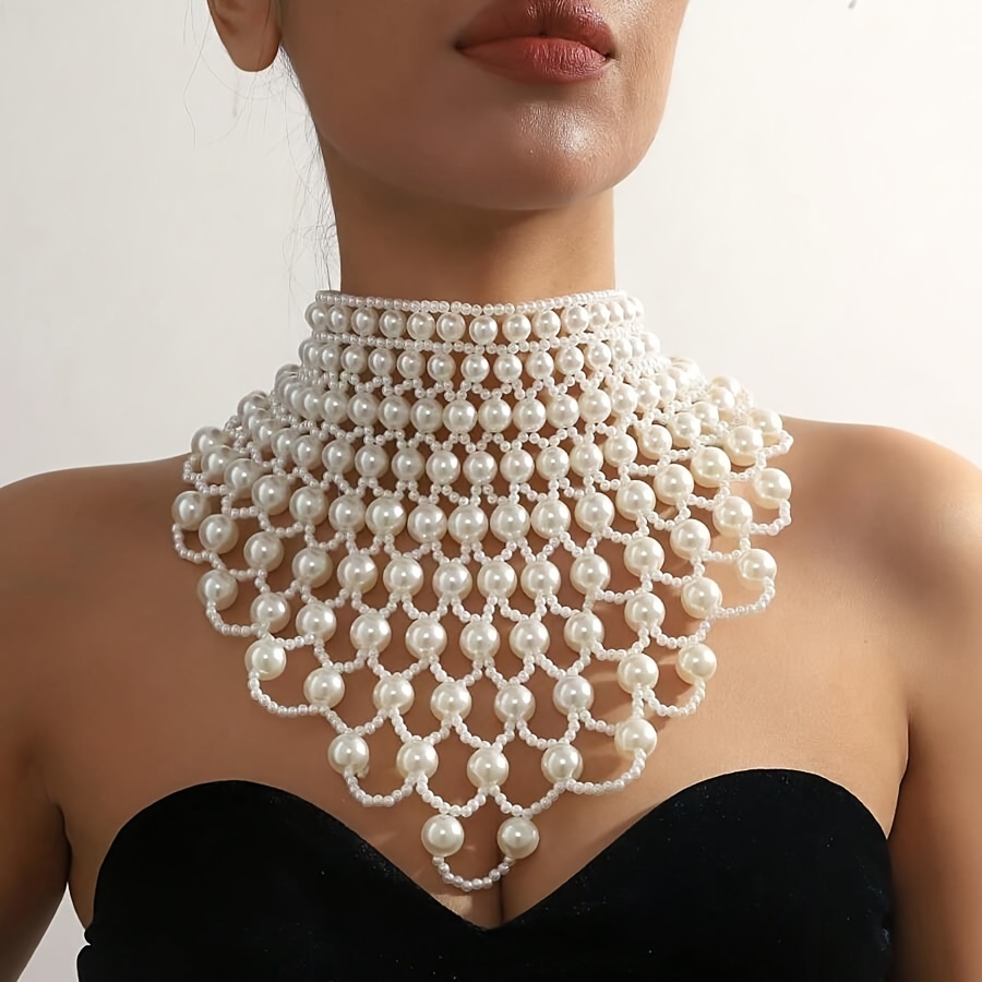 

Luxury Hand-woven Faux Pearl Choker Necklace, Exaggerated Clavicle Collar Chain, Elegant Chunky Statement Bib Necklace Jewelry For Women, Sexy & Cute Style