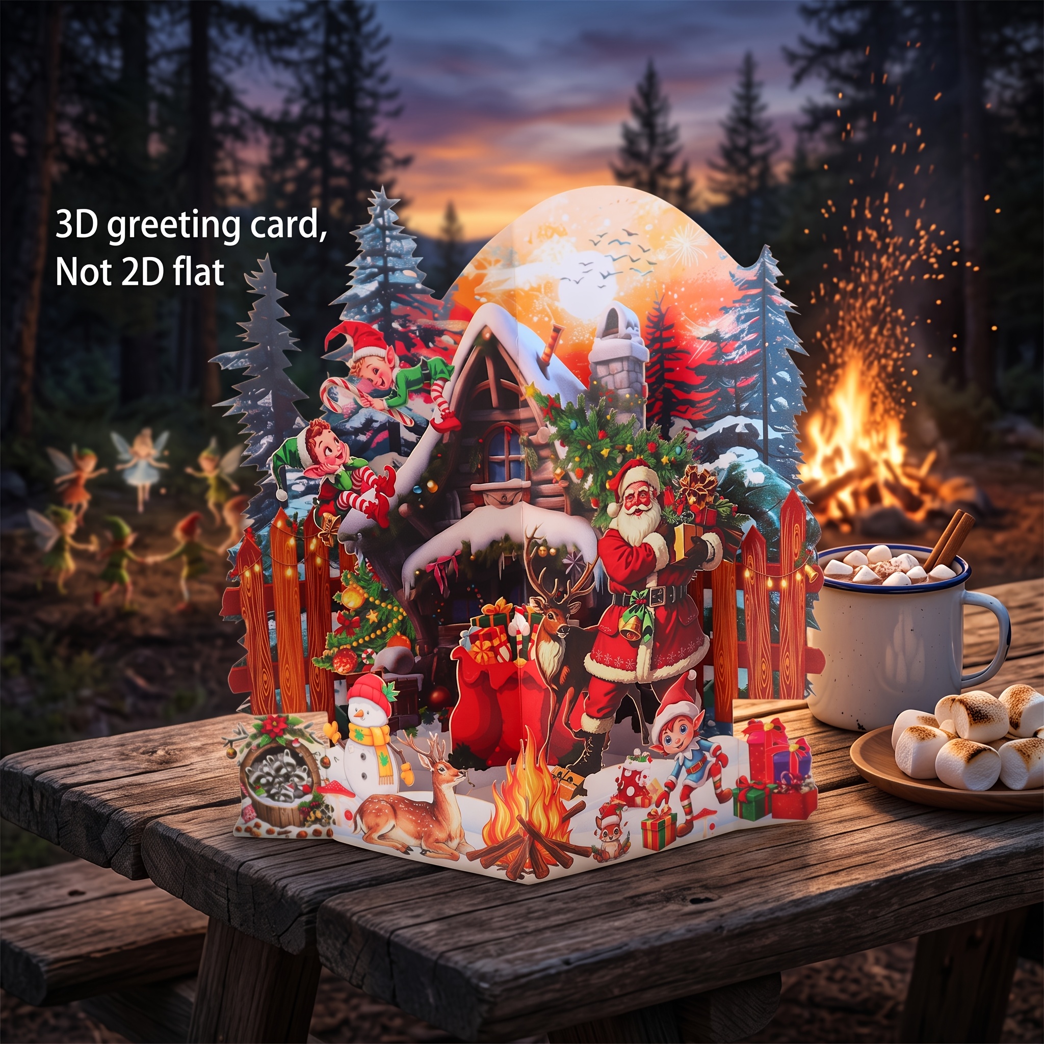 TEMU Carte de vœux de Noël pop-up 3D avec enveloppe, de chalet de vintage, Père Noël, elfe de Noël, , de neige, et boîte-cadeau de Noël, carte d'art