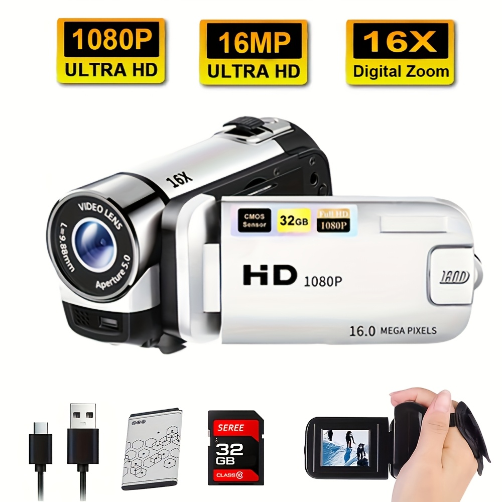 TEMU Caméra vidéo numérique 48MP avec écran rabattable à 270°, caméra de vlogging 1080P avec zoom 16X, écran 2,7", objectif , appareil photo compact