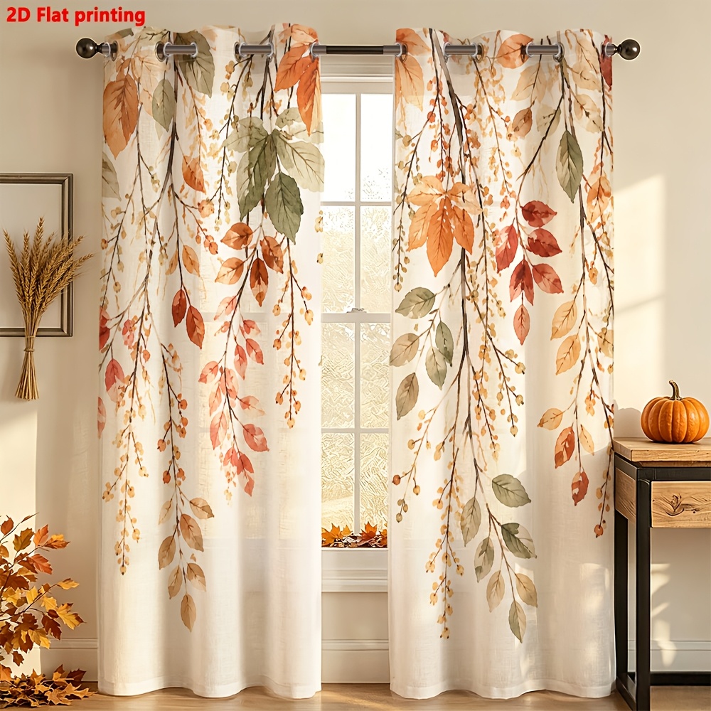 Image of 2d Flat - 2d Flat - 2d Flat 2pcs Curtains Festival, Thanksgiving, Watercolor Falling For Living Room And Bedroom Decorative Light Luxury Minimalist European Classical Farmhouse, Home Decoration