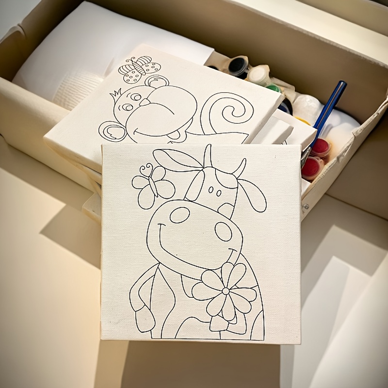 creative painting kit 1pc cow cartoon art set contain 8pcs 6 assorted paints brush portable easel non woven canvas 6x6 inches with step by step guides ideal for kids students and adult beginners diy craft projects home decor art gif