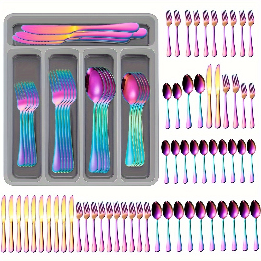 

61pcs(60+1) Flatware Set With Organizer Tray, Stainless Steel Cutlery Set For 12, Kitchen Black Utensils Tableware Set For , Knives Forks Spoons Set, Mirror Polished Silverware Set, Campings, Parties