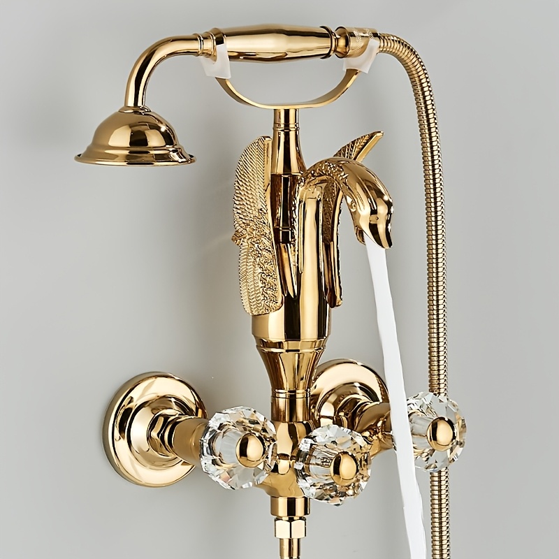 Image of Swan Bathtub Faucet Wall Mount Tub Faucet With Hand Shower, Contemporary Bathroom, Cold And Hot Water Tub Mixer Tap, Rotatable Crystal Handle, Golden Household Faucets