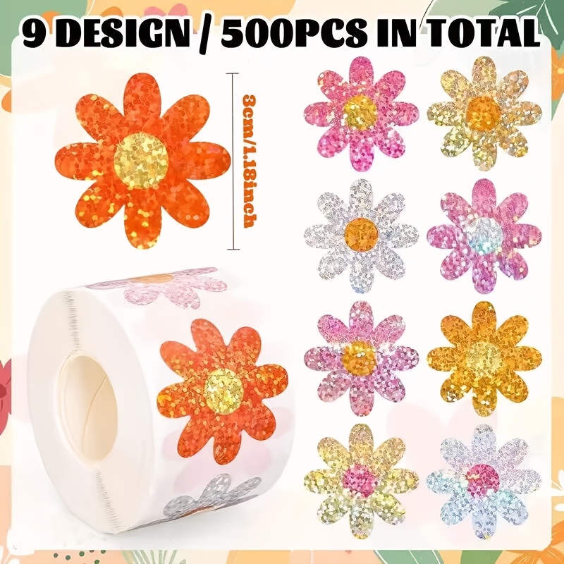500 Sheets/roll Holographic Flower Stickers, Stationery Stickers, Gift Wrapping, Colorful Envelope Sealing Labels
