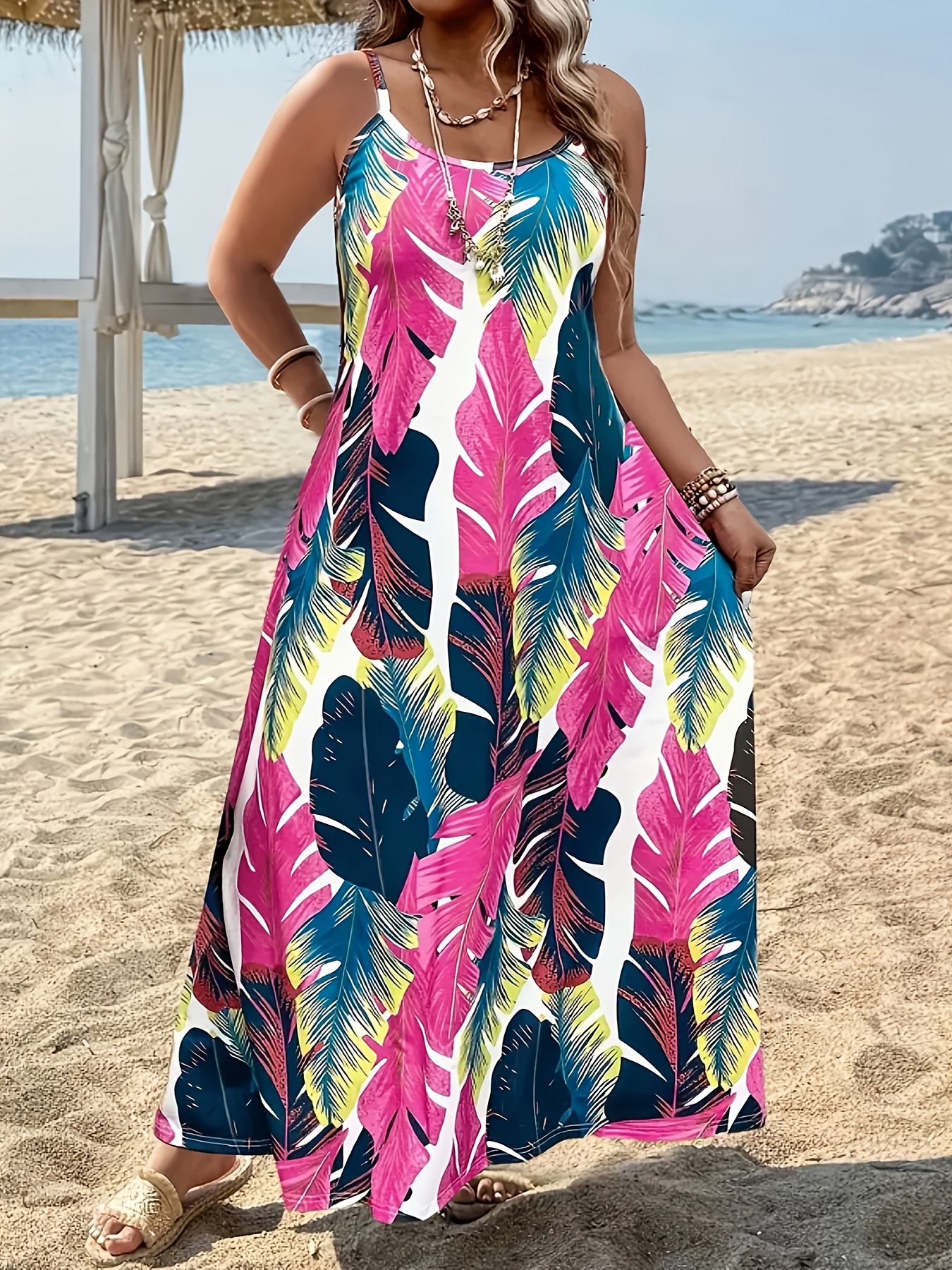 Plus Size Summer Floral Leaf Print Spaghetti Strap Sun Dress