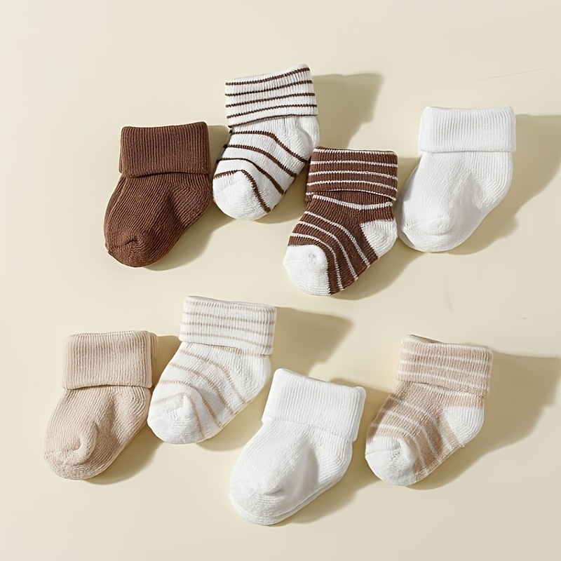 8-pair Set Of Solid Color And Striped Mid-calf Children's Socks, Suitable For Daily Wear