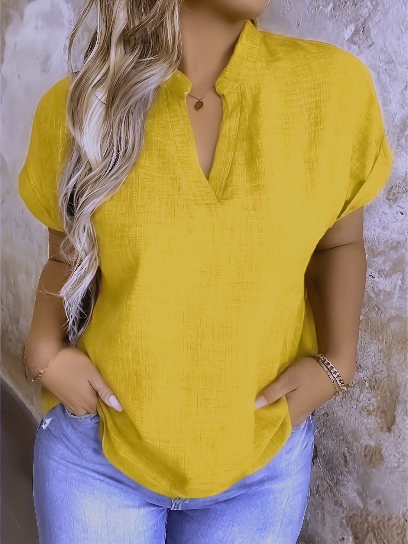 womens casual v neck blouse with small stand up collar vibrant yellow solid color regular fit machine washable versatile for spring summer fall seasonal fashion top sophisticated casualwear lightweight fabric everyday   style   stylish top adult clothing details 0