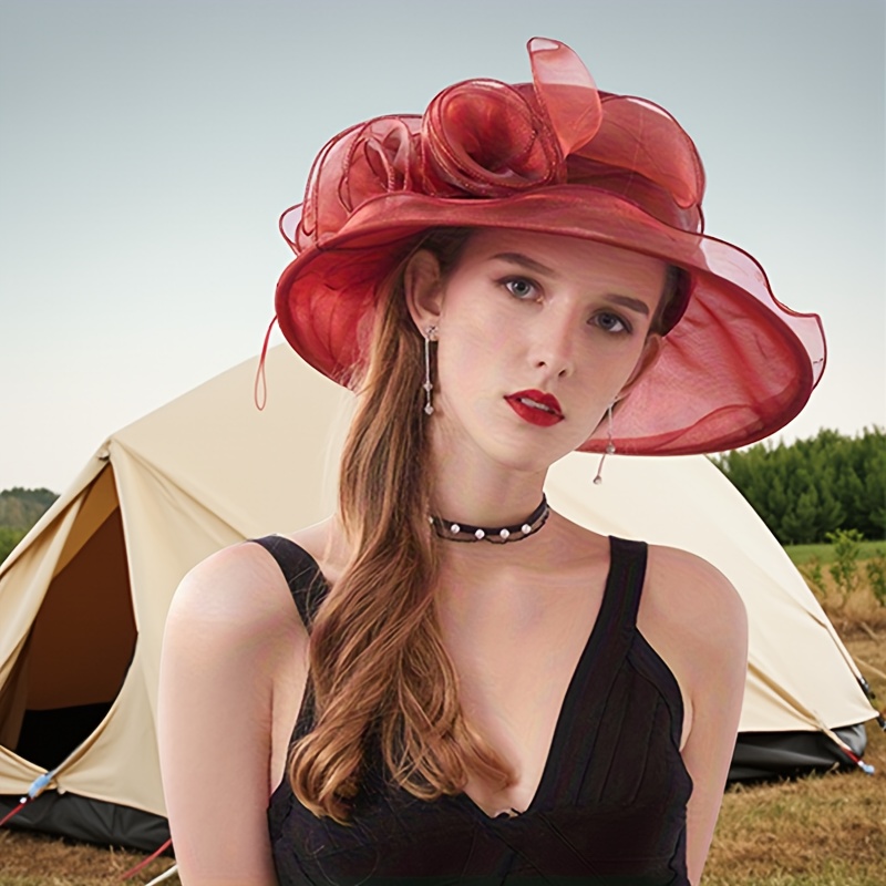 womens elegant red sun hat floral accents breathable spring 