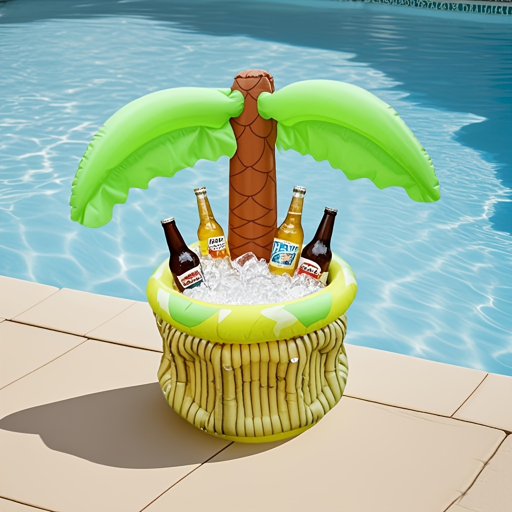Image of Inflatable Tree Beer Cooler - Green & Yellow Tropical Pool Party Decor, Durable Pvc Drink Bucket With Ice Capacity Birthday Celebrations, Beach Accessory, Hibiscus Pattern, Textured Surface