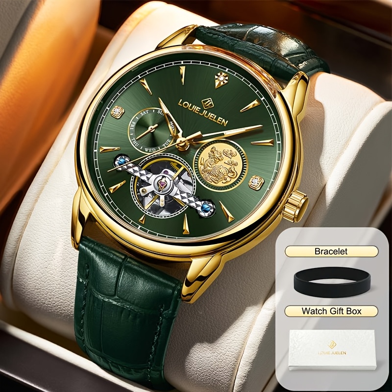 TEMU Montre de luxe haut de gamme pour hommes, montre mécanique entièrement automatique , boîtier doré luxueux, vert , montre ajourée, portée au