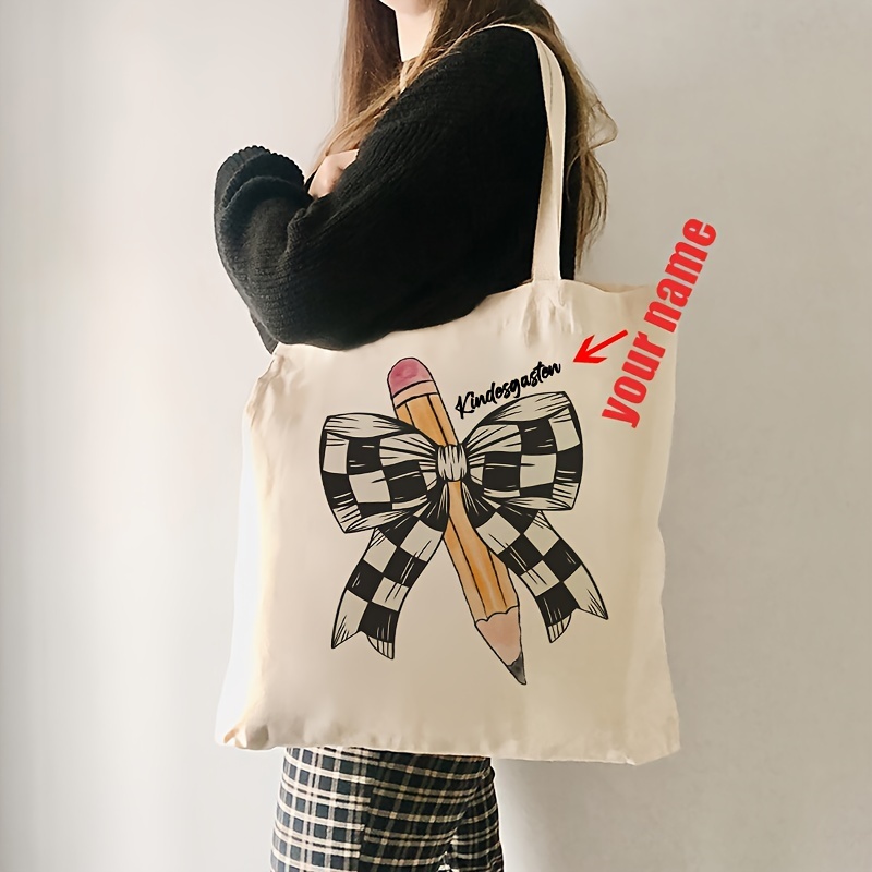 

1pc Personalized Back-to-school Teacher Tote Bag - Stylish Canvas Shoulder Bag With Checkered Bow & , Customizable Name Option, Travel, Daily , And Teacher Gifts, School Bag