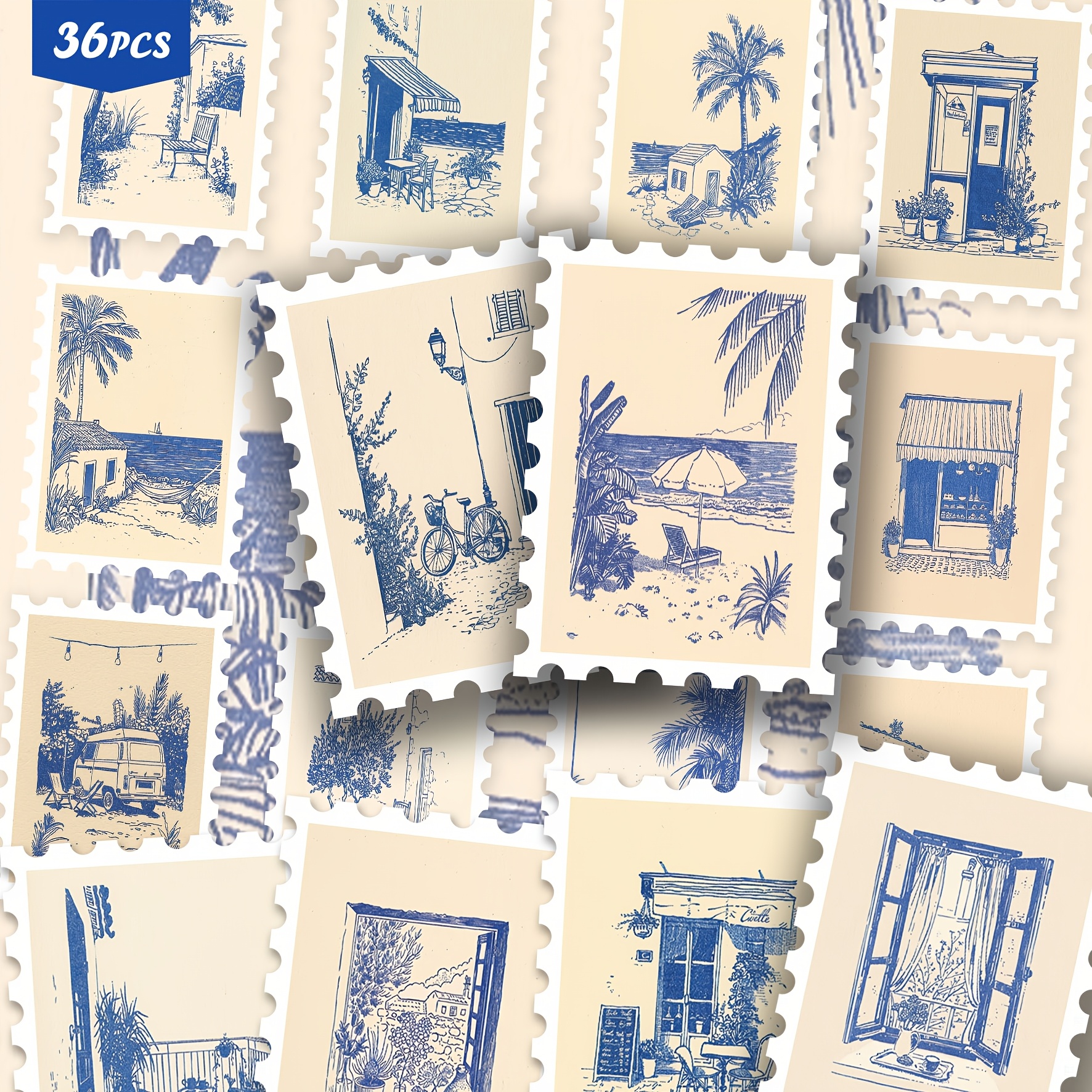 TEMU 36pcs Minimalist Blue Ephemera Stickers, Mediterranean & Beach Line Art Sketch Aesthetic Cutout Sticker Set For Journals, Planners & Decor